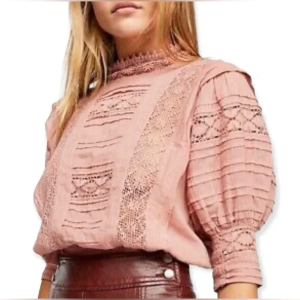 Free People Dusty Rose Lace Panel Puff Sleeve Blouse - Picture 4 of 10